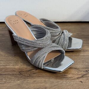 A New Day Silver Rhinestone Heels Size 7.5 Slide Sandals 3.5” Heel New